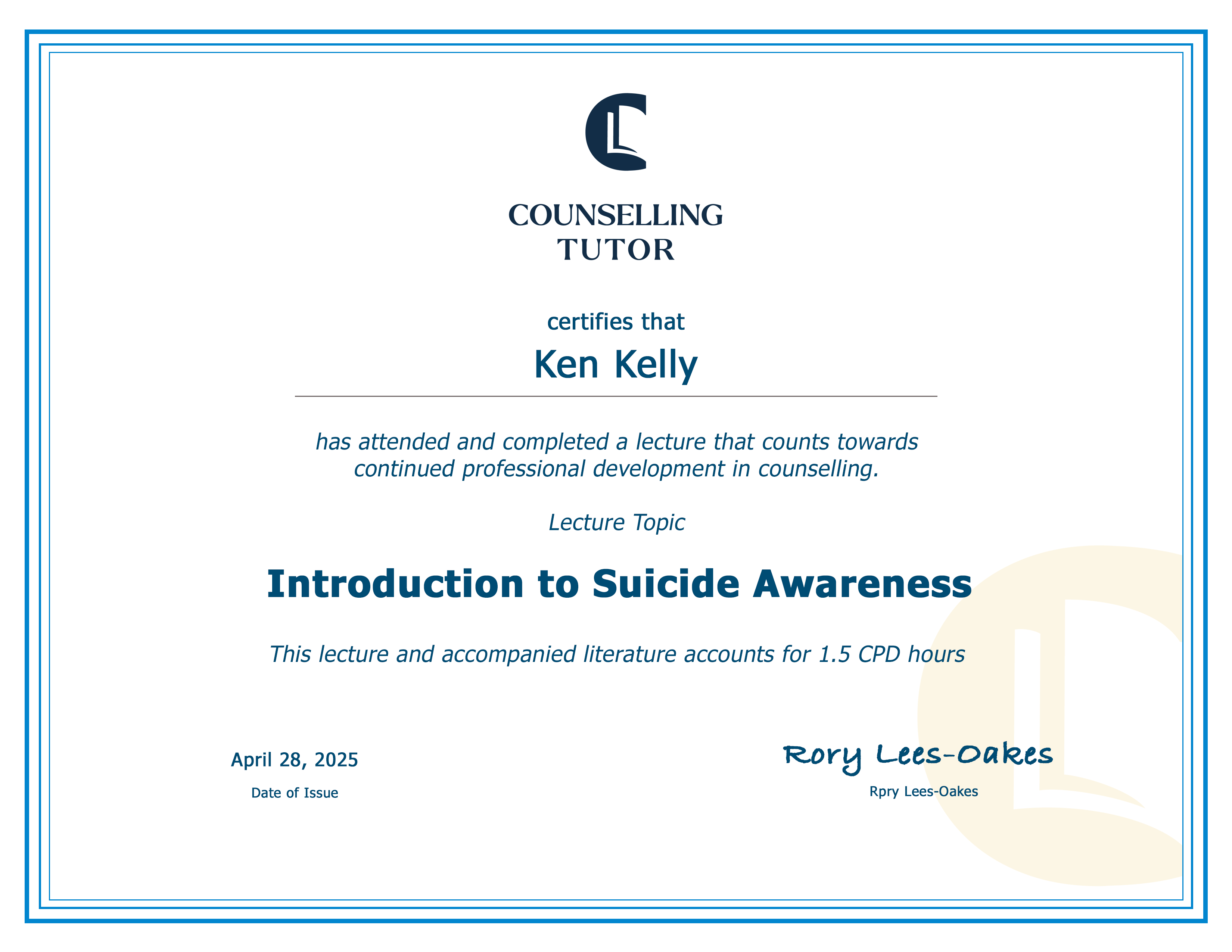 Suicide Awareness CPD Certificate sample Suicide Awareness CPD Certificate sample